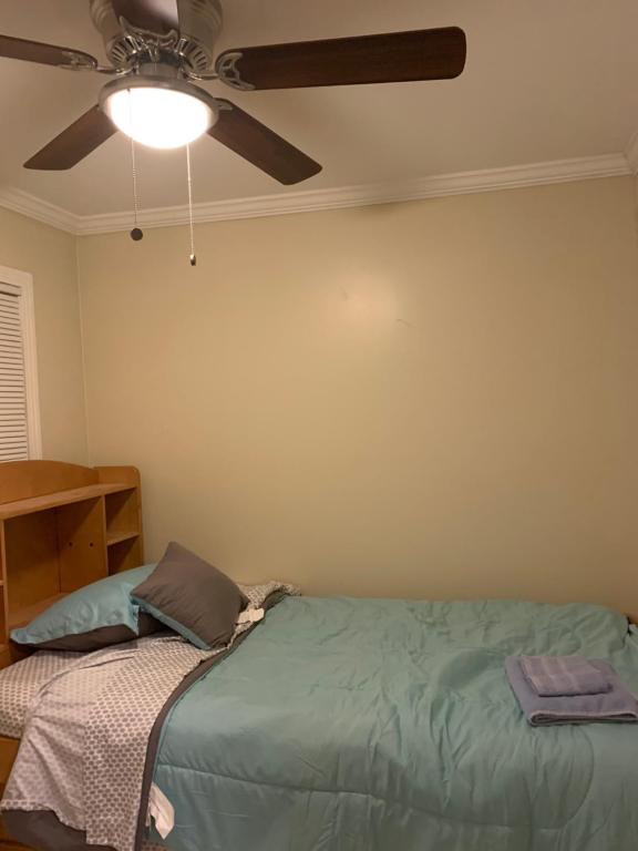 阿普瓦里Sky Fresh Home Stay的一间卧室配有一张床和吊扇