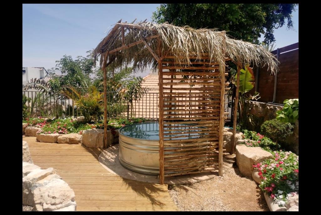 埃拉特RAKEFET - Traveler's House - EILAT的一个带大桶和草屋的花园