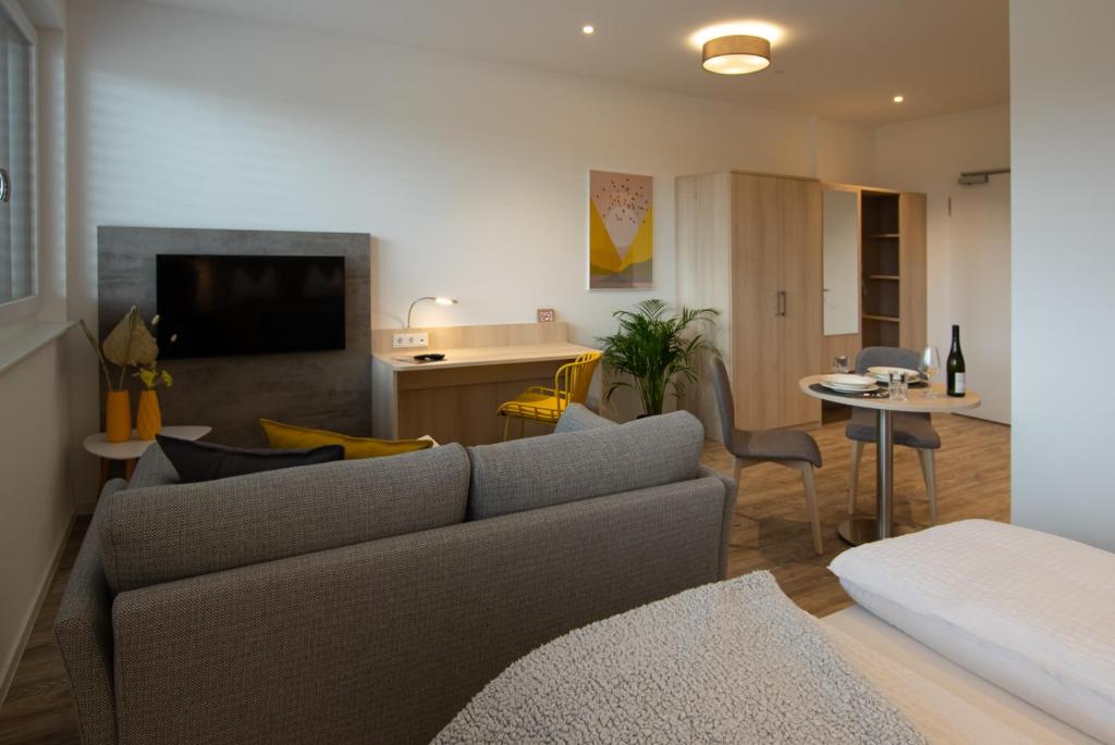 赫斯巴赫Livin63 Studio Apartments的带沙发的客厅和用餐室