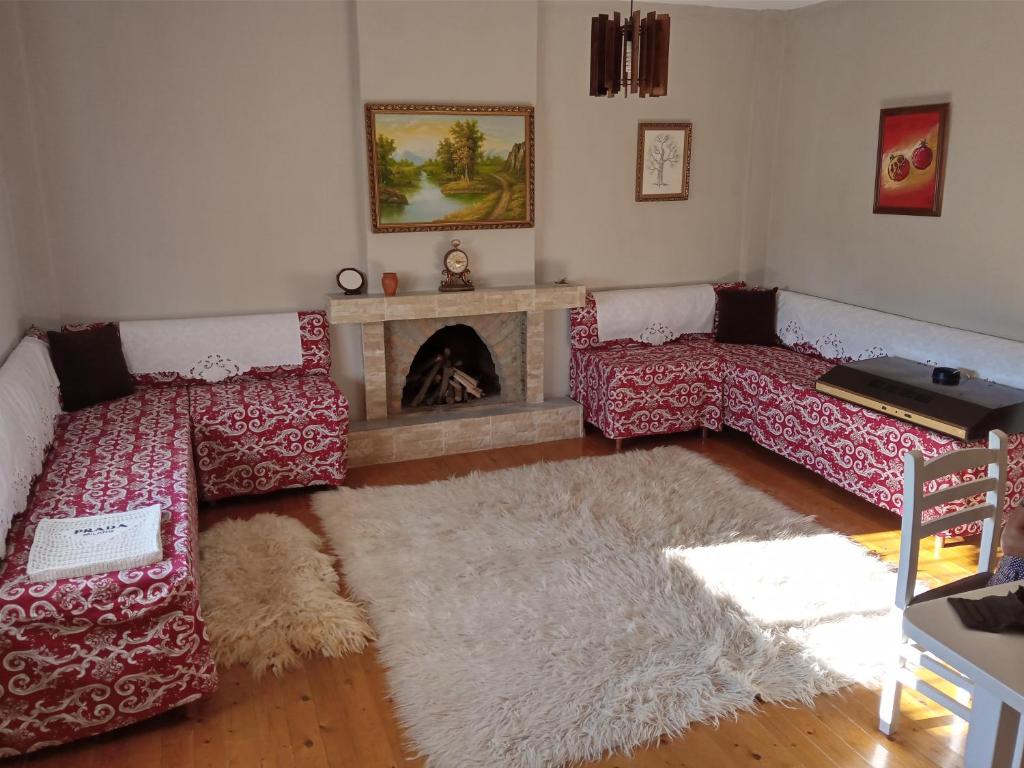克鲁亚Meti Guest House的客厅设有红色的沙发和壁炉