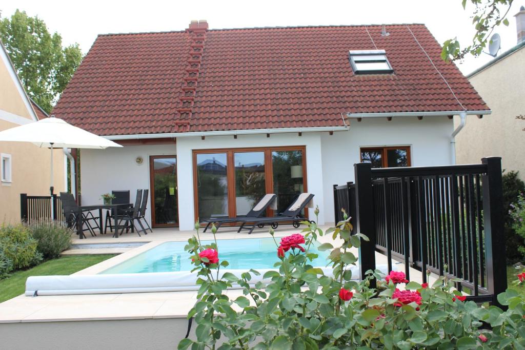 伊尔米茨Ferienhaus Kaiserbaum的后院带游泳池的小房子
