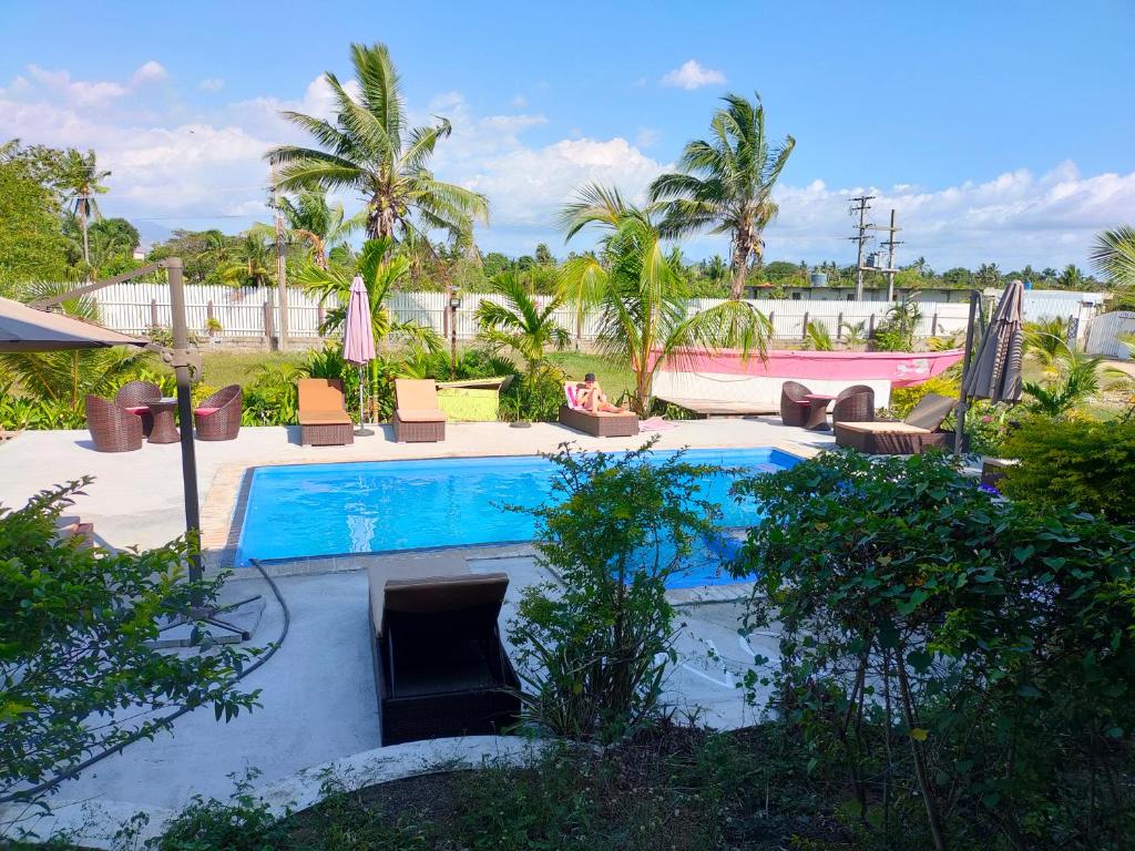 南迪Nadi Fancy Hotel的棕榈树庭院内的游泳池