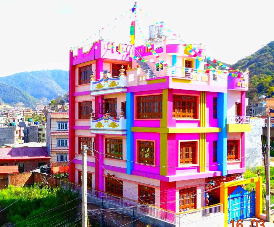 巴克塔普尔Dragon Homestay Bhaktapur的粉红色的建筑,有很多窗户