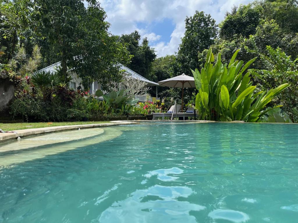 BalianBalian Bliss Retreat Bungalow & Villas的庭院里的一个蓝色海水游泳池