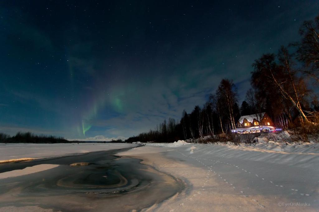 塔尔基特纳Susitna River Lodging, Suites的夜间雪中一条空荡荡的道路,有北灯