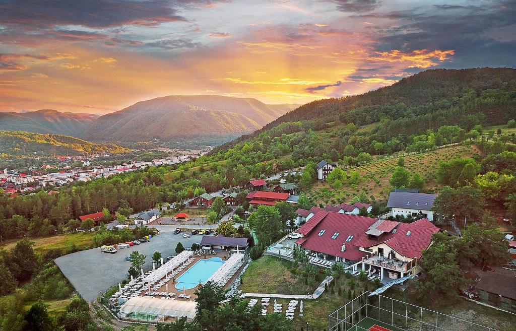 特尔古奥克纳Complex Turistic Creanga Resort & Spa的享有带游泳池和山脉的度假村的空中景致
