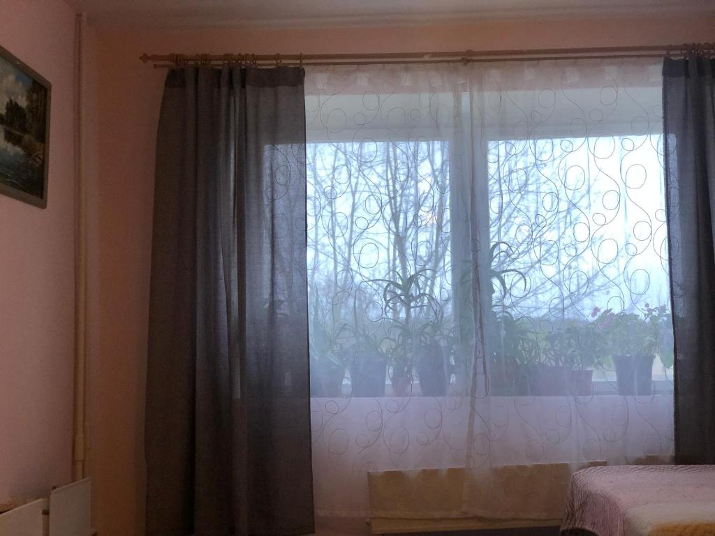 克拉斯拉瓦kvartira的一间卧室设有窗户、窗帘和一张床
