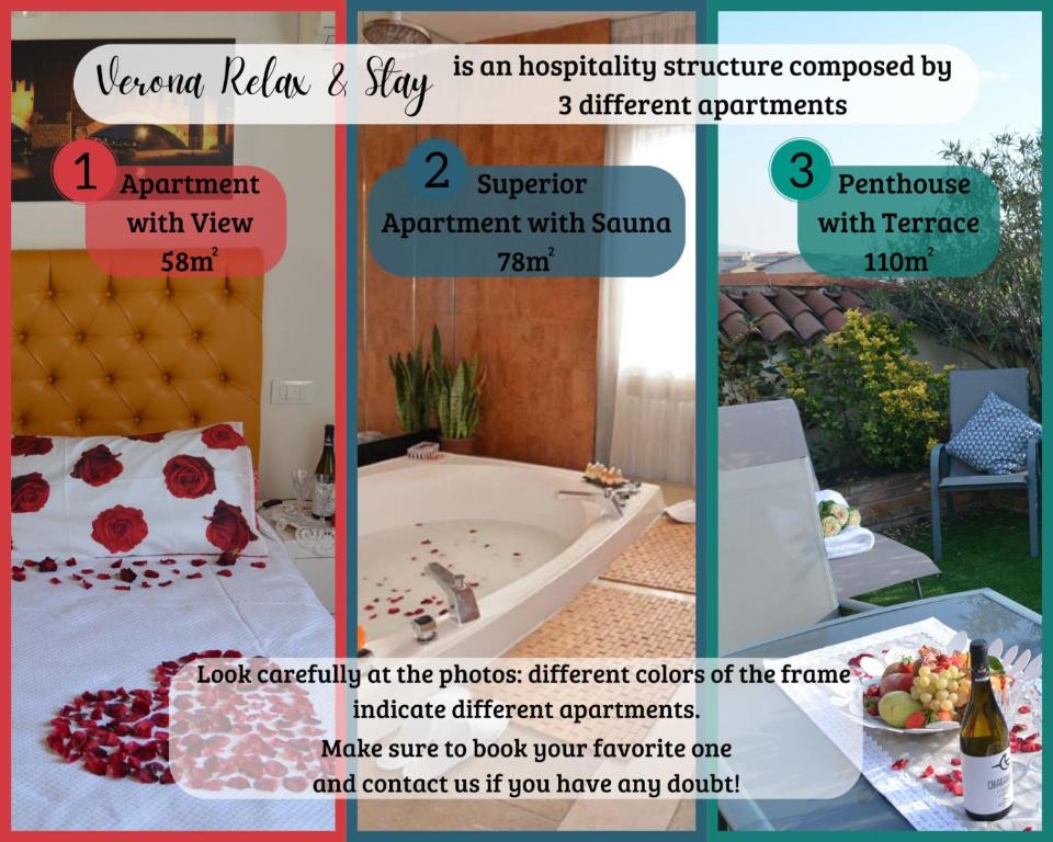 维罗纳Verona Relax & Stay的一张床铺和一个浴缸的房间的照片拼合在一起