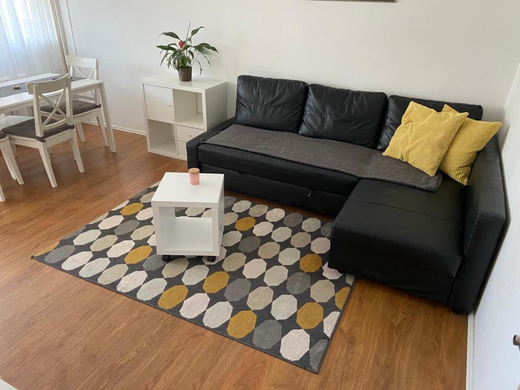 萨格勒布Apartman Perica的客厅配有黑色沙发和地毯。