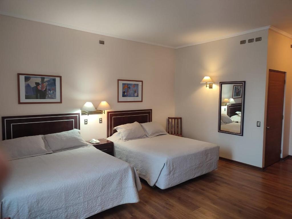 拉塞雷纳弗朗西斯科德阿吉雷酒店的配有白色床单的酒店客房内的两张床