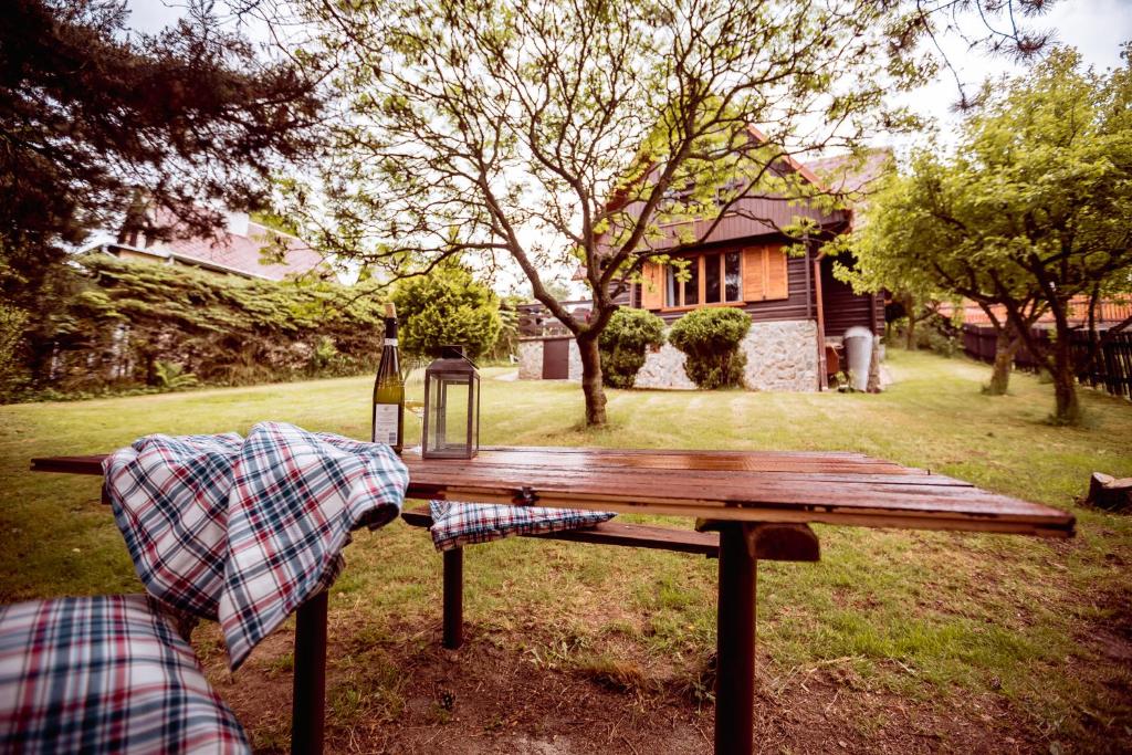 ArnolticeChata Růženka - Národní park České Švýcarsko的院子里的野餐桌和一瓶葡萄酒