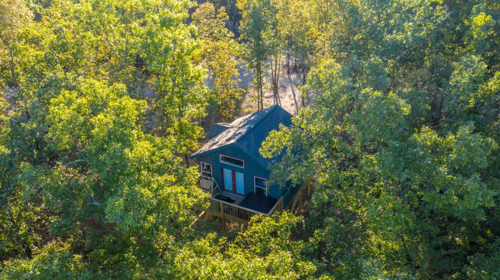 温泉城Starlight Haven Hot Springs的树木中间蓝色房子的空中景色