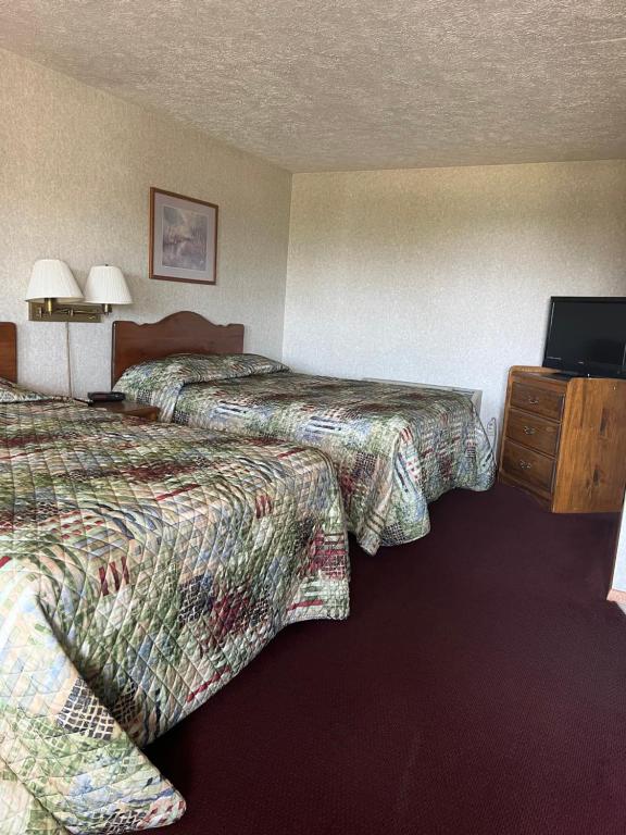 马尼斯蒂克Gray Wolf Lodge的酒店客房设有两张床和一台平面电视。