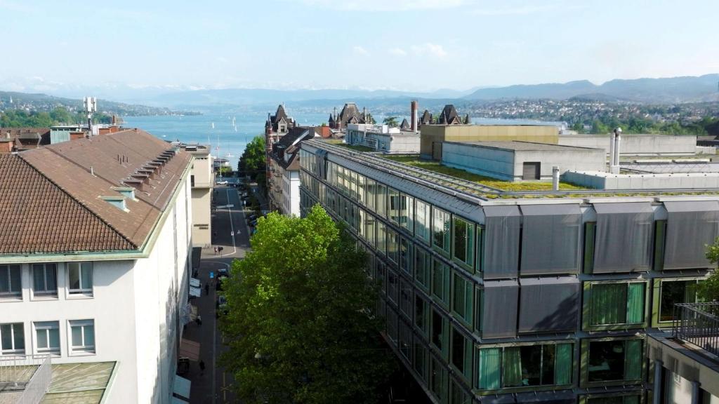 苏黎世Park Hyatt Zurich – City Center Luxury的城市的空中景观,建筑和水