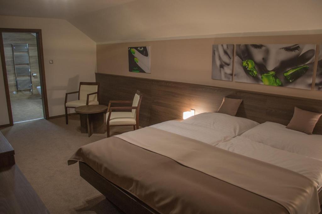 奥洛穆茨乌克拉斯库餐馆旅馆的酒店客房带一张床、一张桌子和椅子