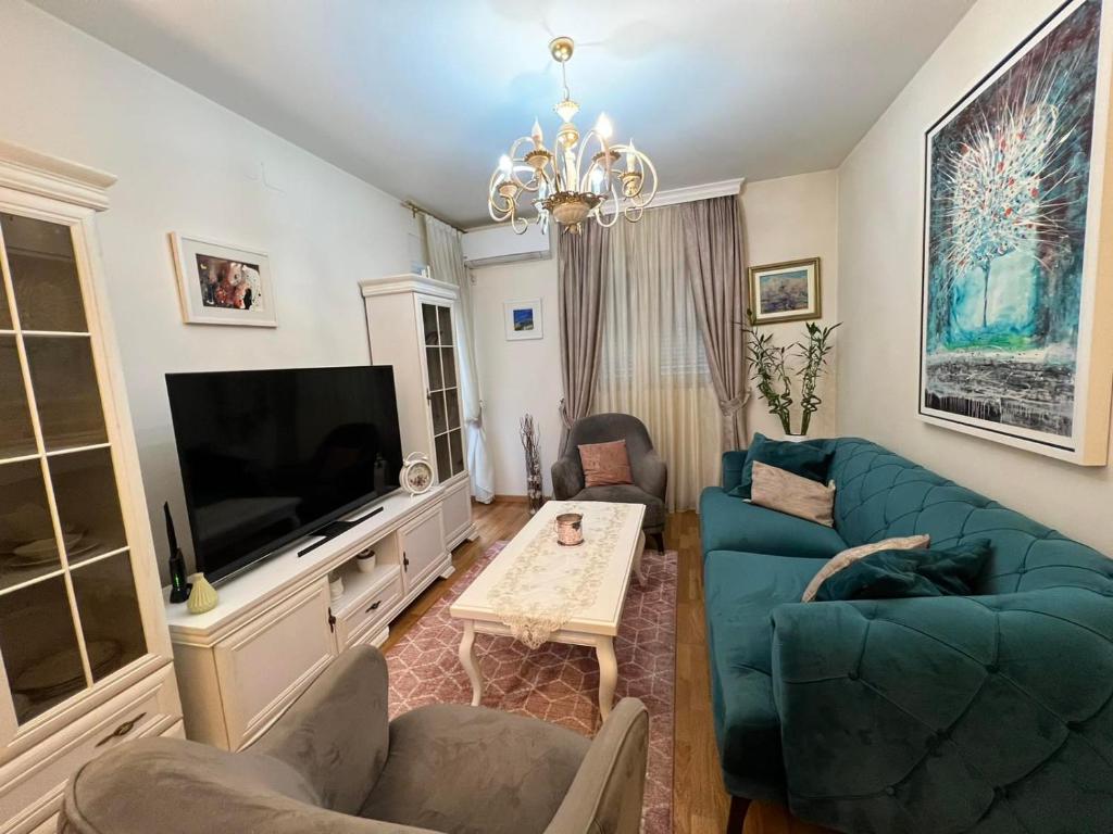 波德戈里察Oscar的客厅配有蓝色的沙发和电视