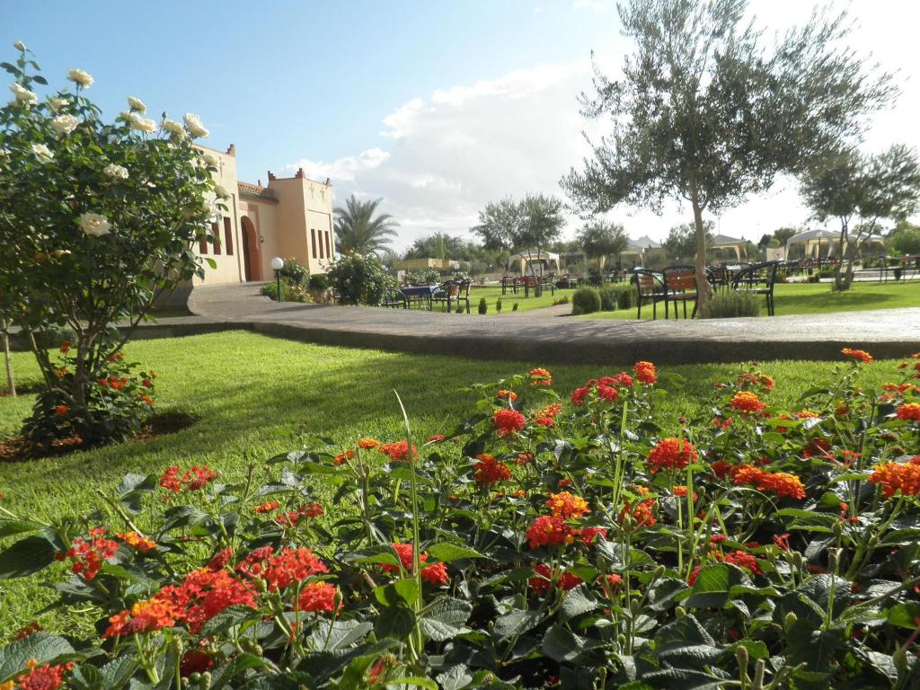 拉希迪耶IGHIZ INN resort的公园里种着红色花的花园