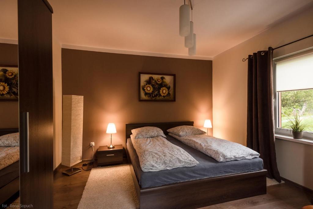 拉伊恰Salamandra的一间卧室设有两张床和窗户。