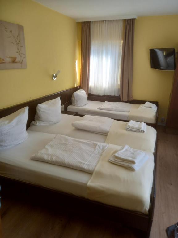斯图加特Hotel Wiesbadener Hof的酒店客房设有三张床和窗户。
