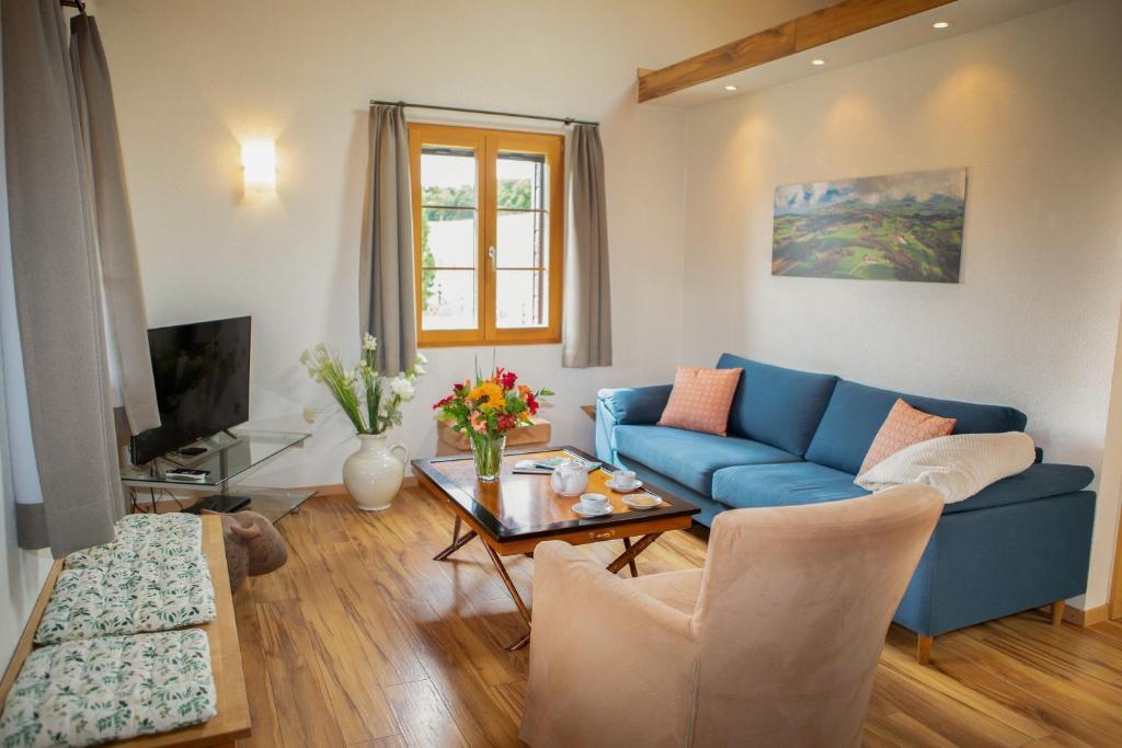 MuristGuesthouse La Moliere的客厅配有蓝色的沙发和桌子