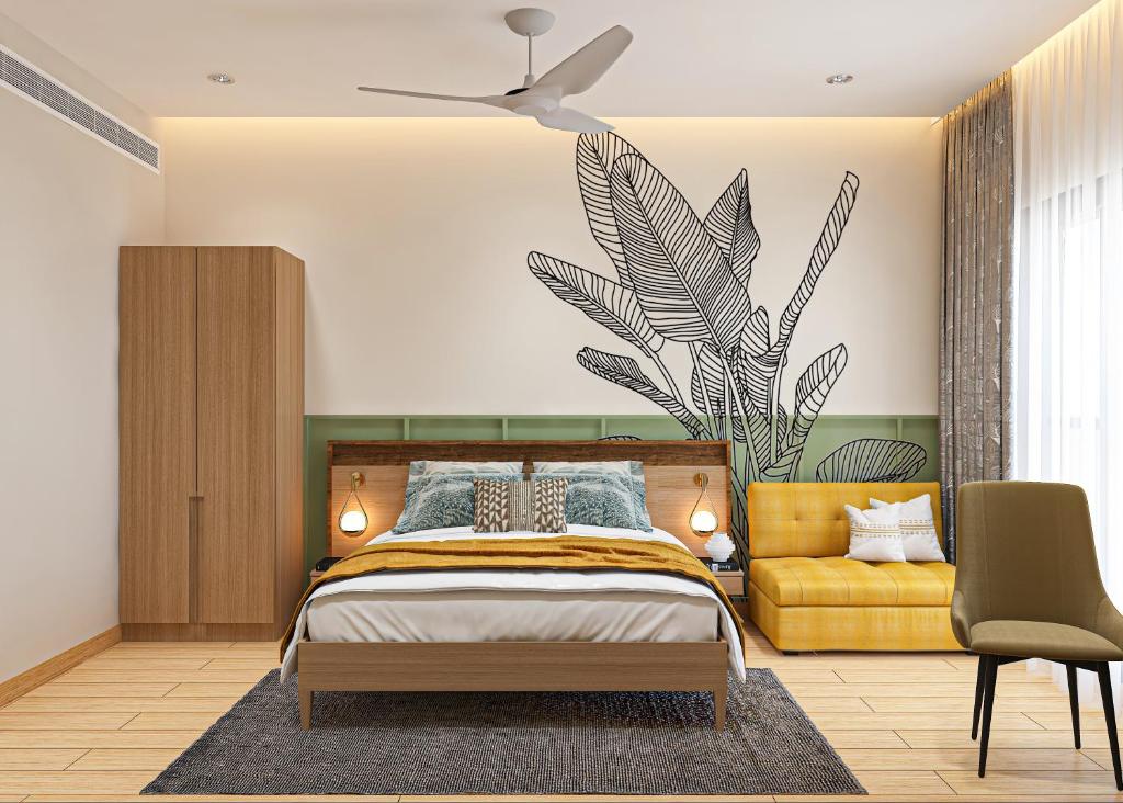 孟买巴瓦瑞跟酒店的卧室配有一张床,墙上挂着植物