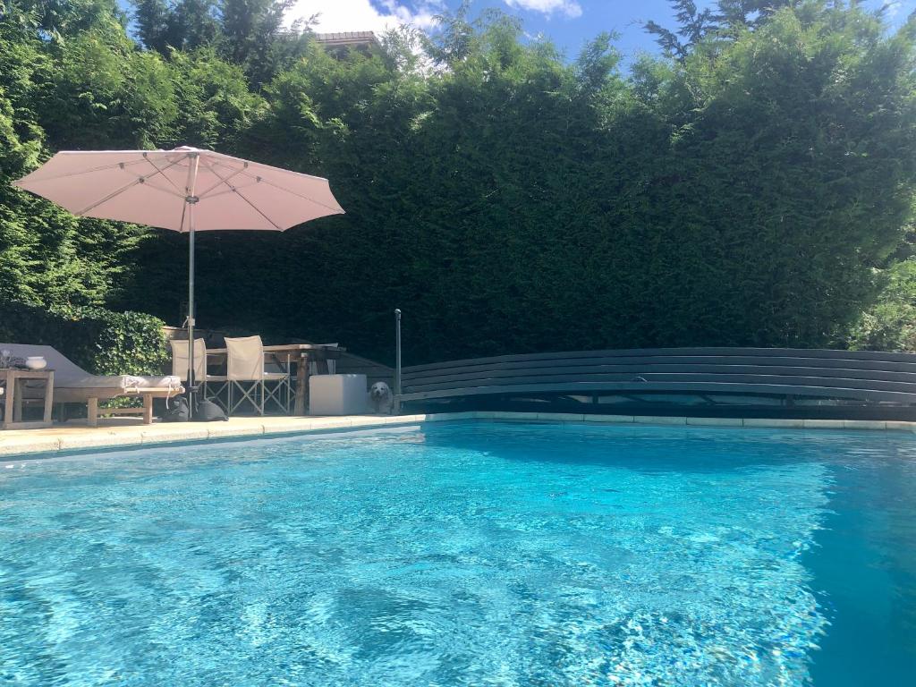 Le BiotL'Ours Blanc Lodge的一个带遮阳伞的大型蓝色游泳池
