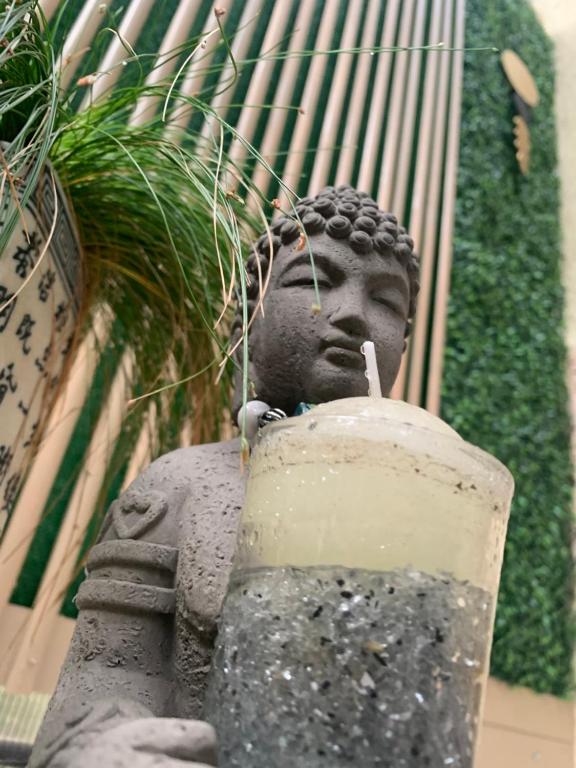 克卢日-纳波卡Maya Apartment的饮酒者从喷泉中出来的雕像