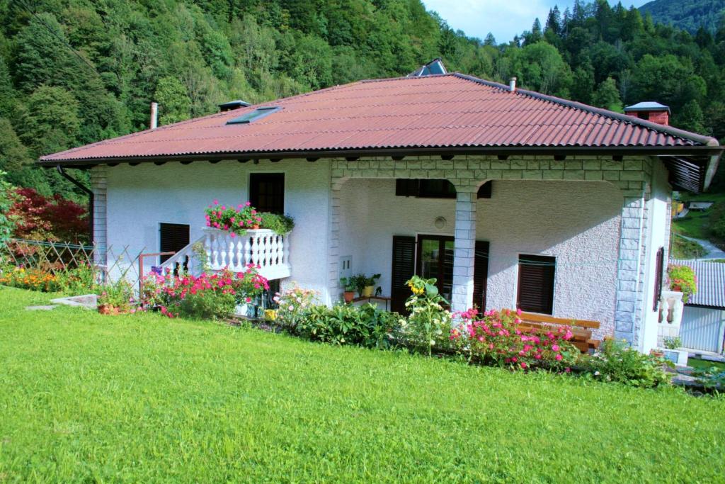 HudajužnaRooms with shared kitchen Zver, great for hikers的一间白色的小房子,有红色的屋顶