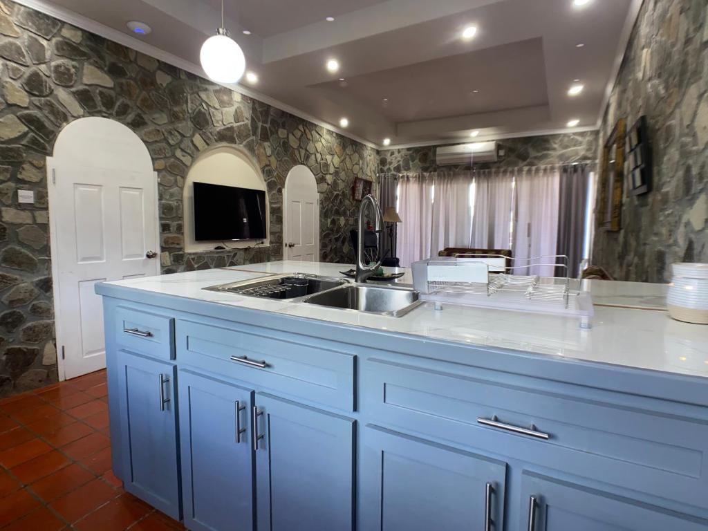 Arnos ValeStonetrail Villas的厨房配有蓝色橱柜和水槽