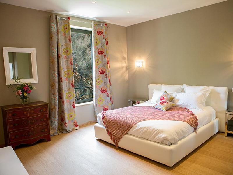 圣吉尔Domaine du Prieuré d'Estagel的卧室配有白色的床和窗户。