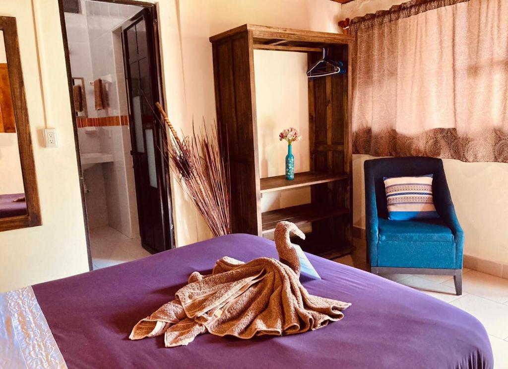 圣克里斯托瓦尔-德拉斯卡萨斯Casa Flor de Vida的在酒店房间床上的天鹅