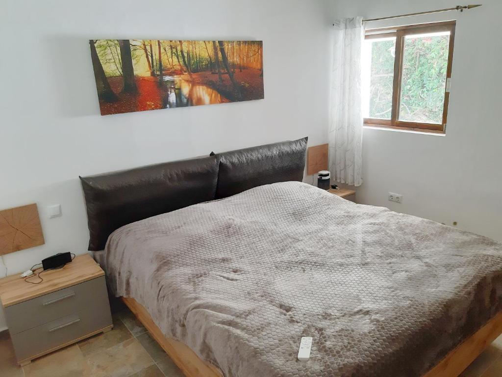 拉克鲁斯Schöne Wohnung in Puerto de la Cruz mit Garten.的一间卧室配有一张带皮革床头板的床