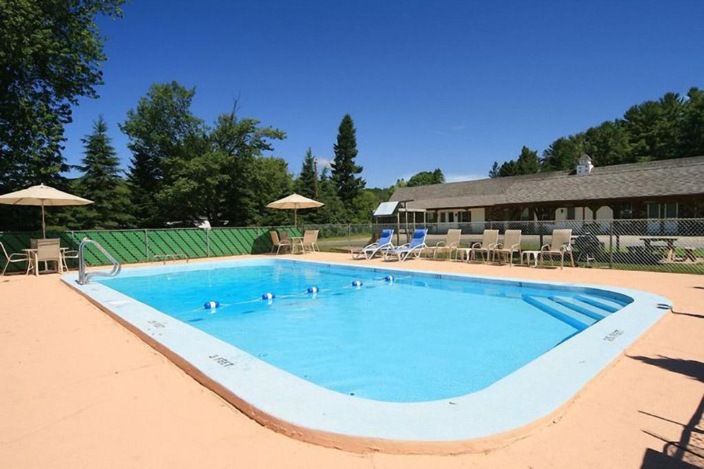 利特尔顿枫叶汽车旅馆的一个带椅子和遮阳伞的大型蓝色游泳池