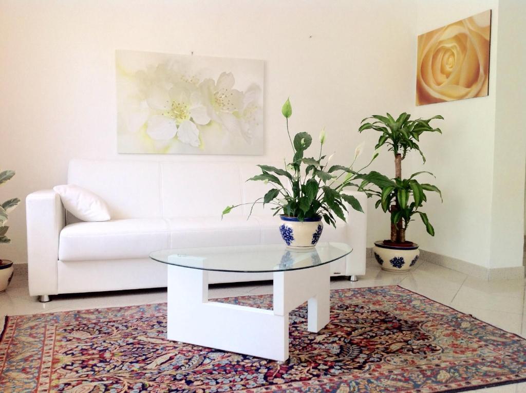里米尼奥费莉亚卡尔公寓式酒店的客厅配有白色的沙发和桌子