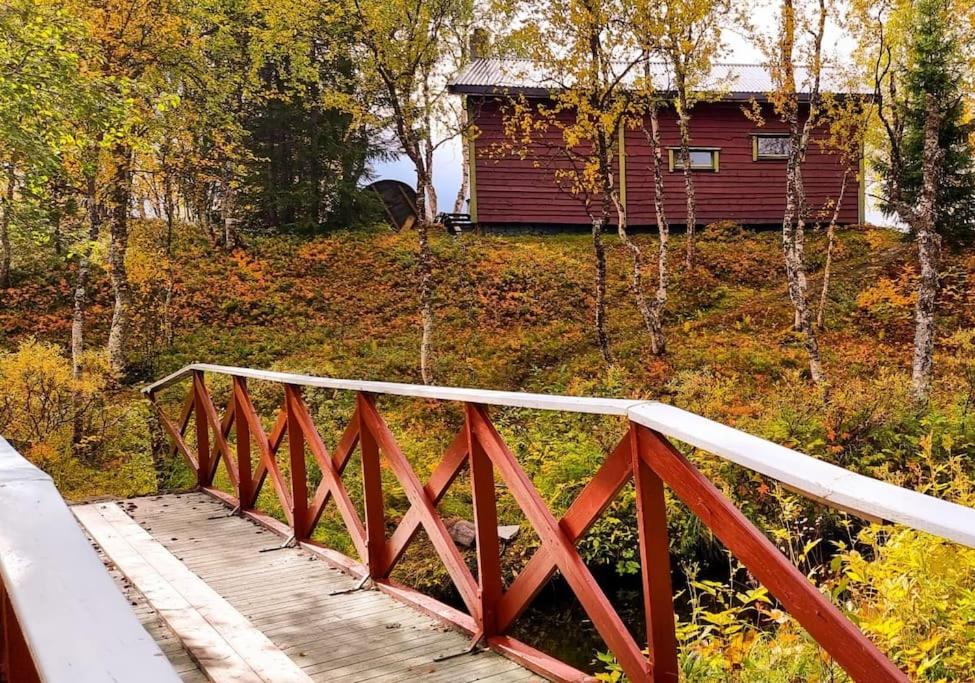 SorreisaCosy cabin in North-Norway, Nearby Senja.的一座河上的桥梁,有一座房子