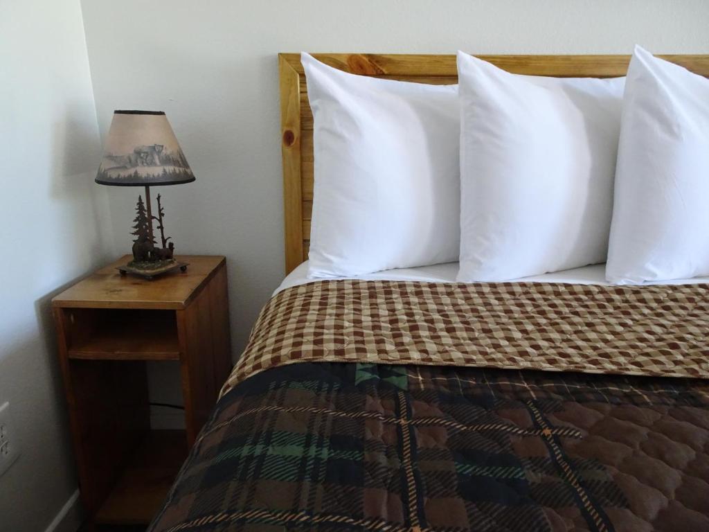 Priest RiverEagle's Nest Motel的一间卧室配有带白色枕头和灯的床