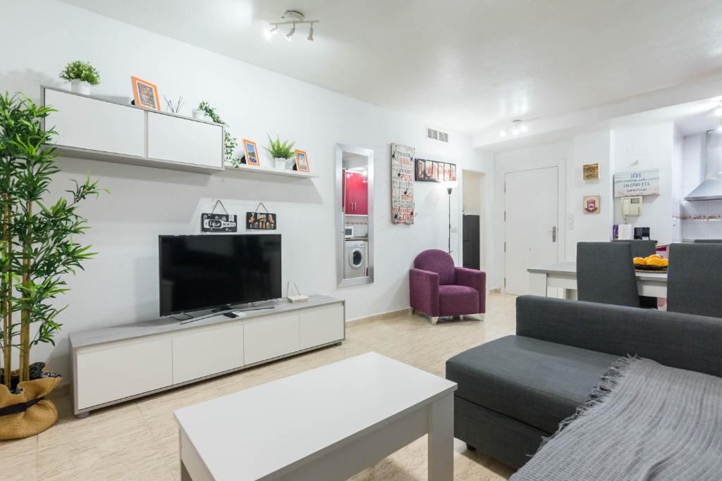 穆尔西亚Apartamento Marqués de Ordoño的一间客厅,在白色的墙上配有电视