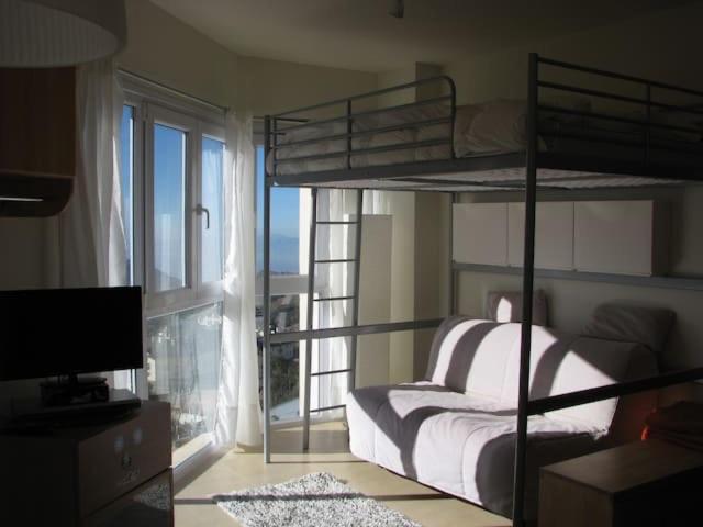 塞拉内华达Precioso apartamento a pie de pista en Sierra Nevada的一间卧室设有两张双层床和一扇窗户。