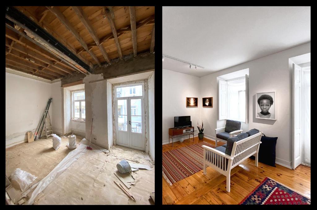 里斯本New Art Apartment的公寓客厅的两张照片
