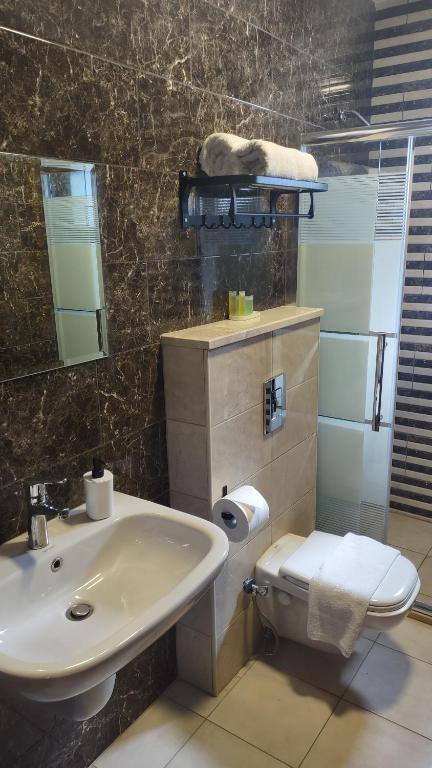 马达巴Black Iris Hotel II的一间带水槽、卫生间和镜子的浴室