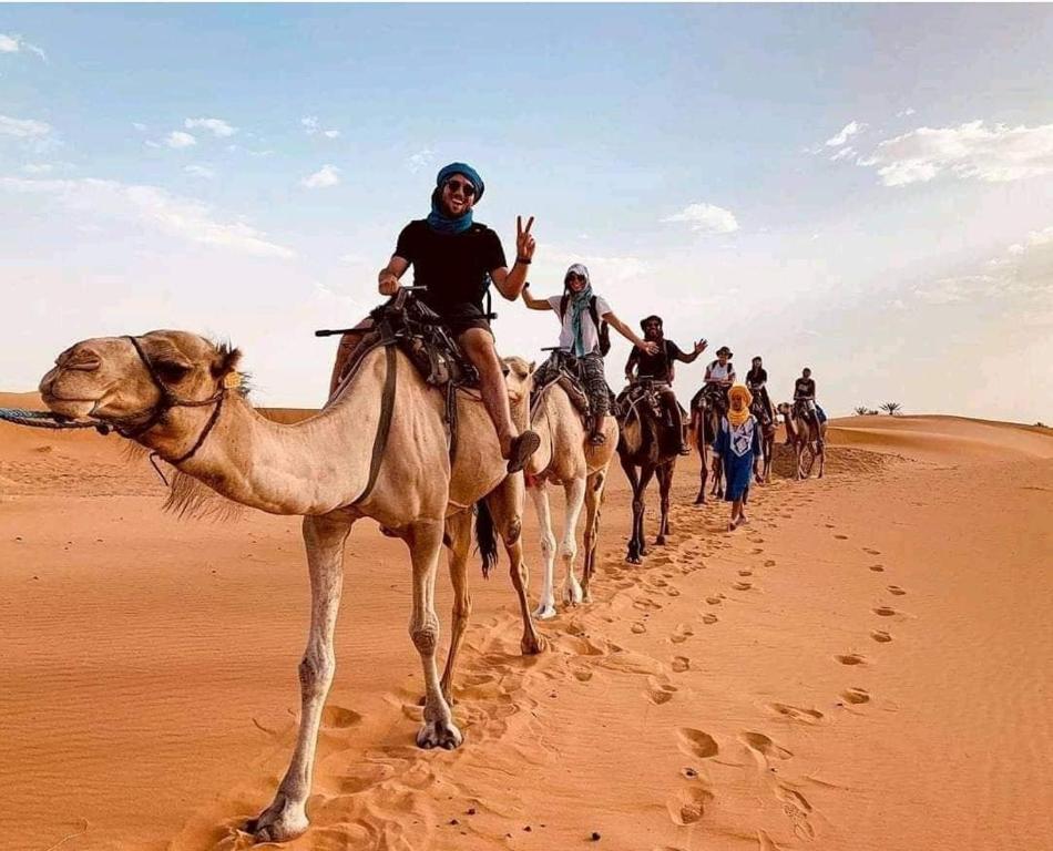 姆哈米德Erg Chegaga Camp Excursions的一群在沙漠中骑马的人