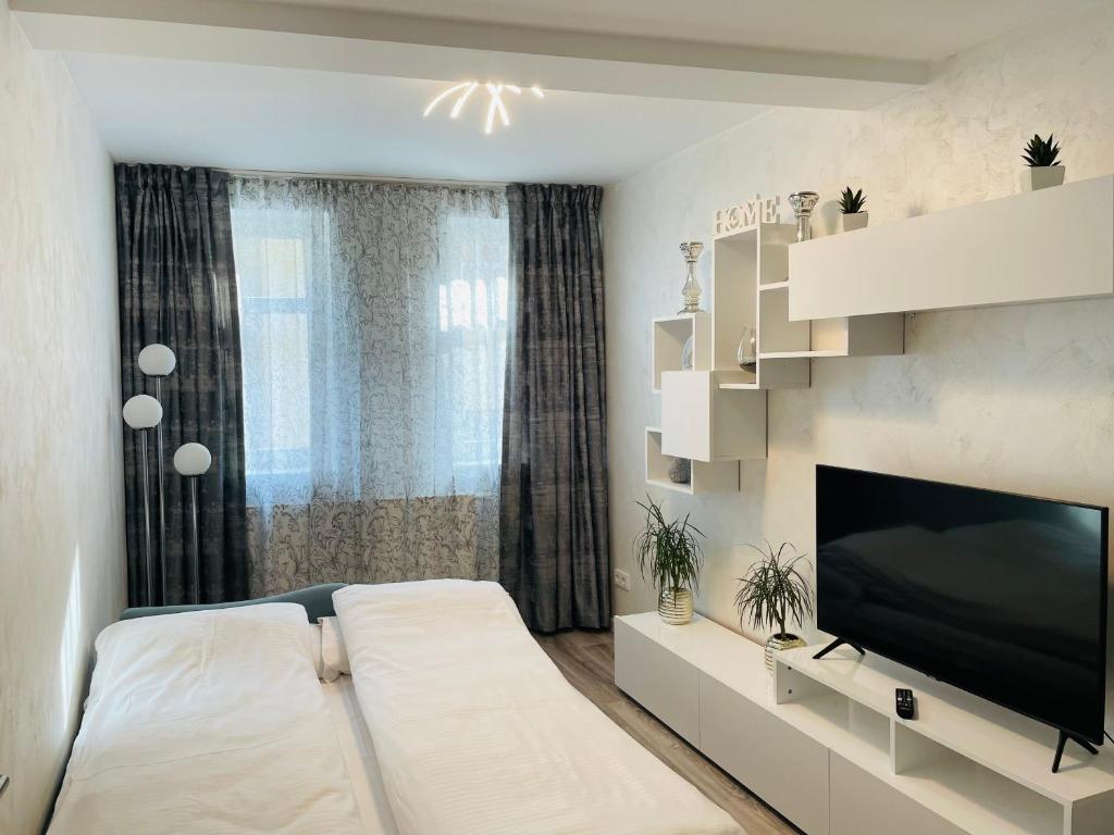 艾森纳赫Ferienwohnung Appartamento Da Vinci的一间卧室配有一张床和一台平面电视