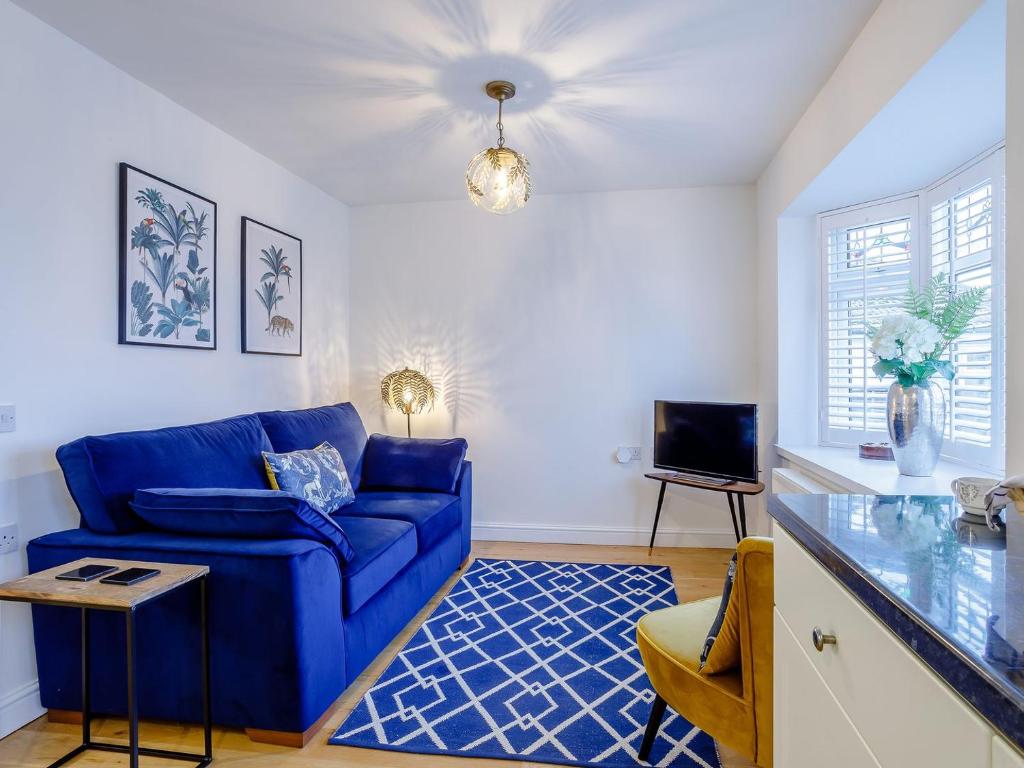 伊利Vineyards Apartment的客厅配有蓝色的沙发和电视