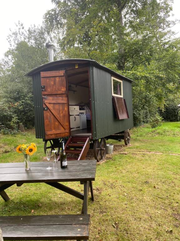 BaddileyThe Shepherd's Hut - Wild Escapes Wrenbury off grid glamping - ages 12 and over的坐在桌子顶上的绿色小房子