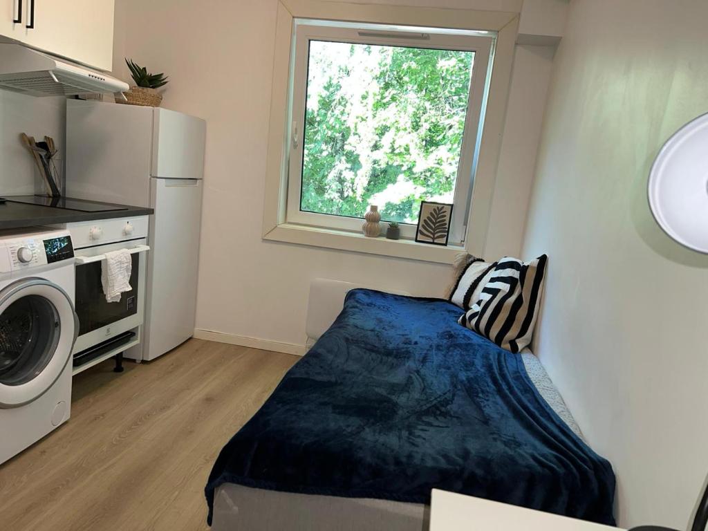 奥斯陆Leilighet i Gamle Oslo的小房间设有床和窗户