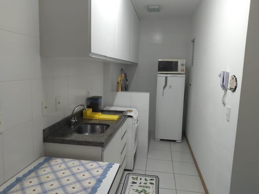 布卢梅瑙Apartamento ao lado da Vila Germânica的一间带水槽和冰箱的小厨房
