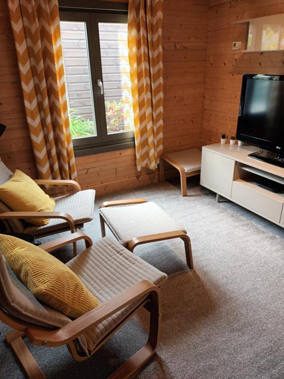 莫斯保罗Nancy's Cabin的客厅配有平面电视和椅子