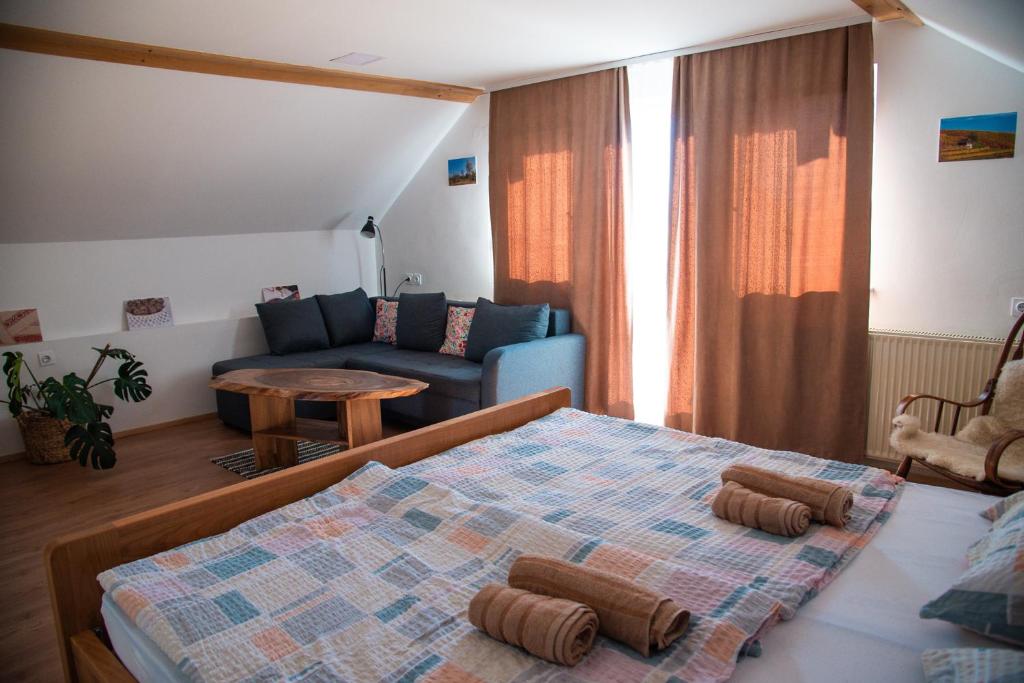 SemičApartma ''Pri Movernu''的一间卧室配有一张床和一张沙发