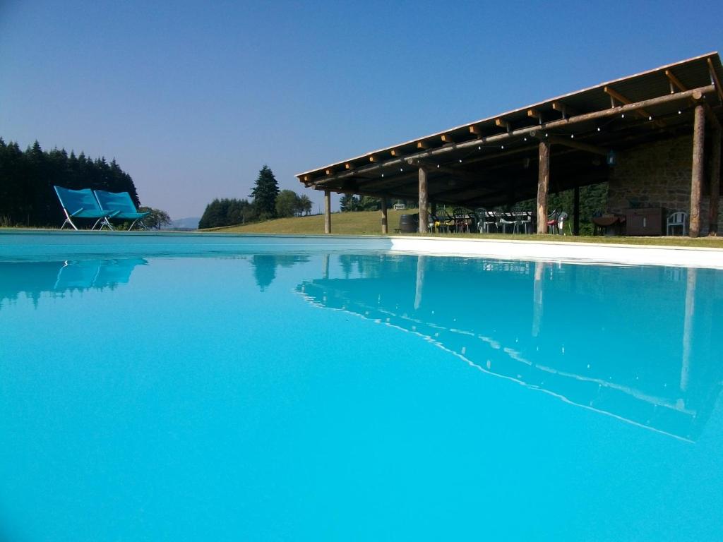 Saint-AppolinaireLe domaine des Terres的一个带凉亭的大型蓝色海水游泳池