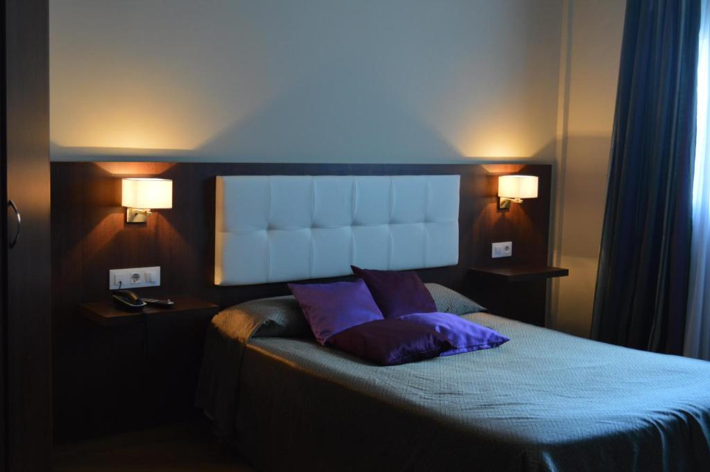 马尔帕尔蒂达德卡塞雷斯Hotel Peña Cruz的一间卧室配有一张带两个紫色枕头的床